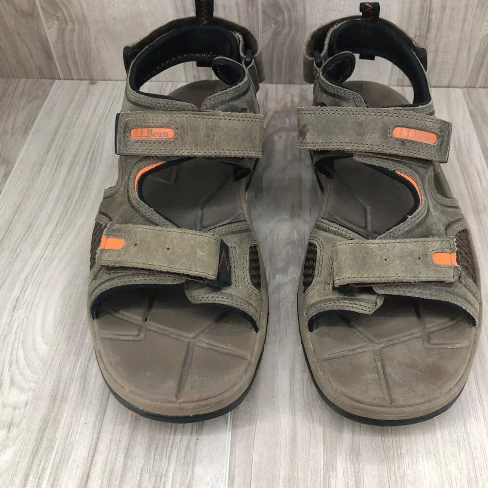 LL Bean Sandals Mens 9.5 Taupe Leather Hook and Loop Shoes